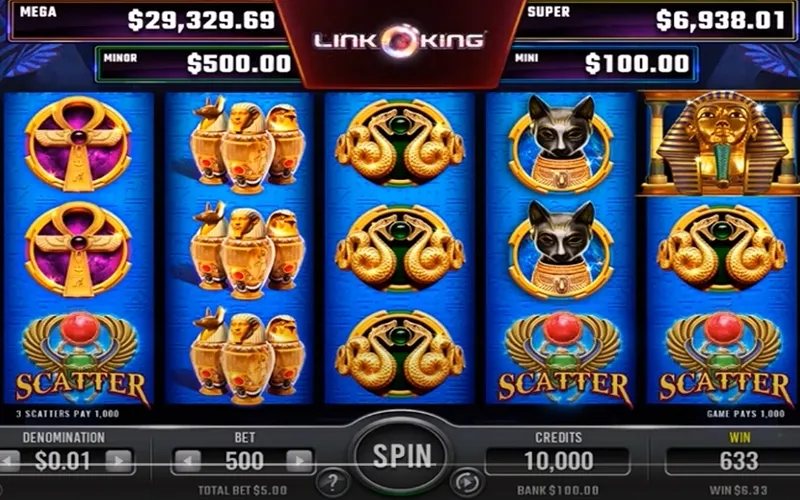Link King Gods Land slot machine gameplay showing Egyptian pharaoh symbols, ankh icons, and progressive jackpot meters on 5x3 reel layout